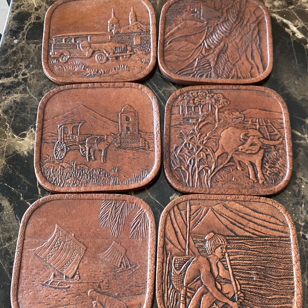 Vintage Brown Leather Coasters Set